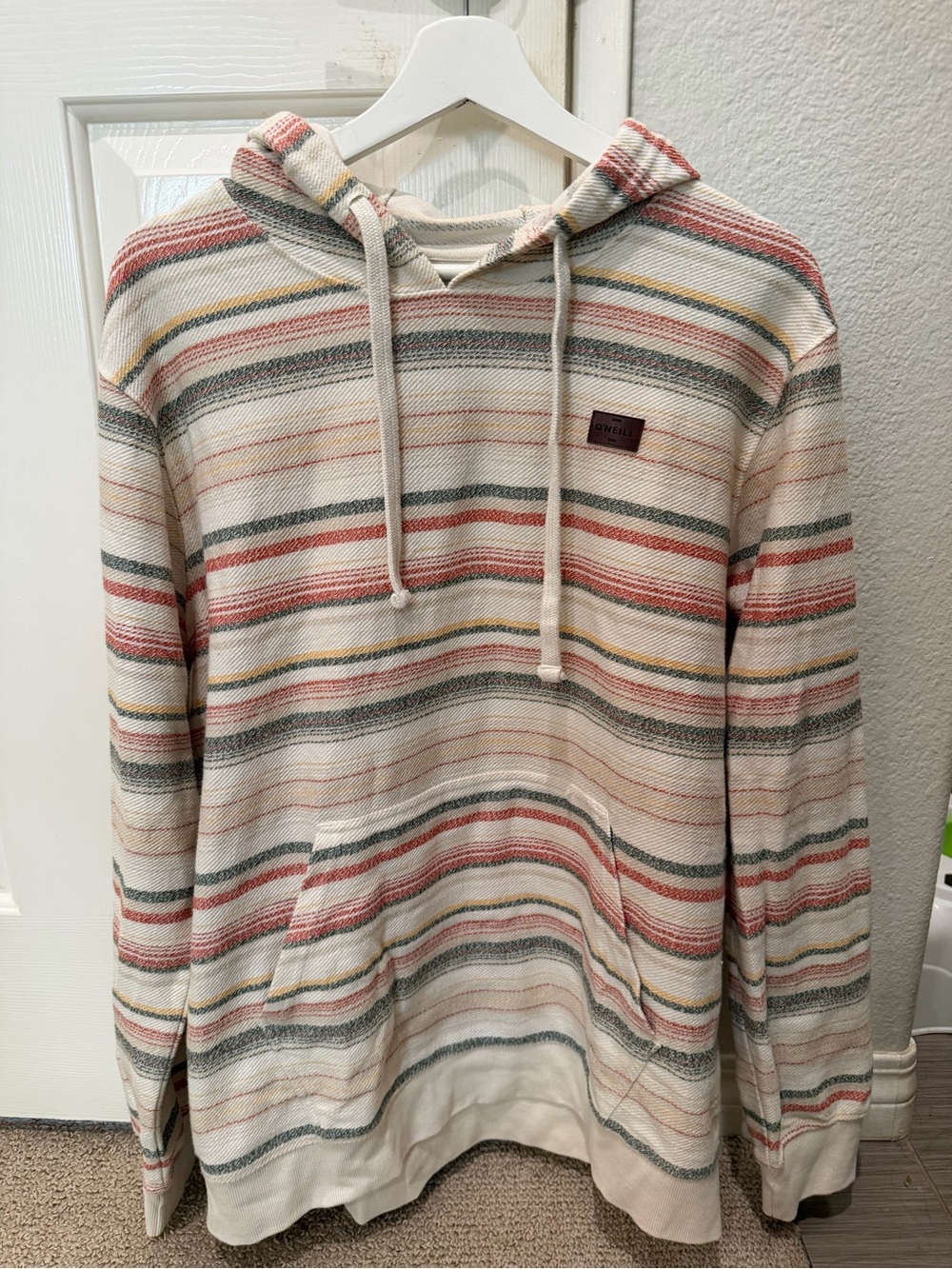 O'Neill Cream Hooded Pullover with Coral, Gray & Yellow Stripes